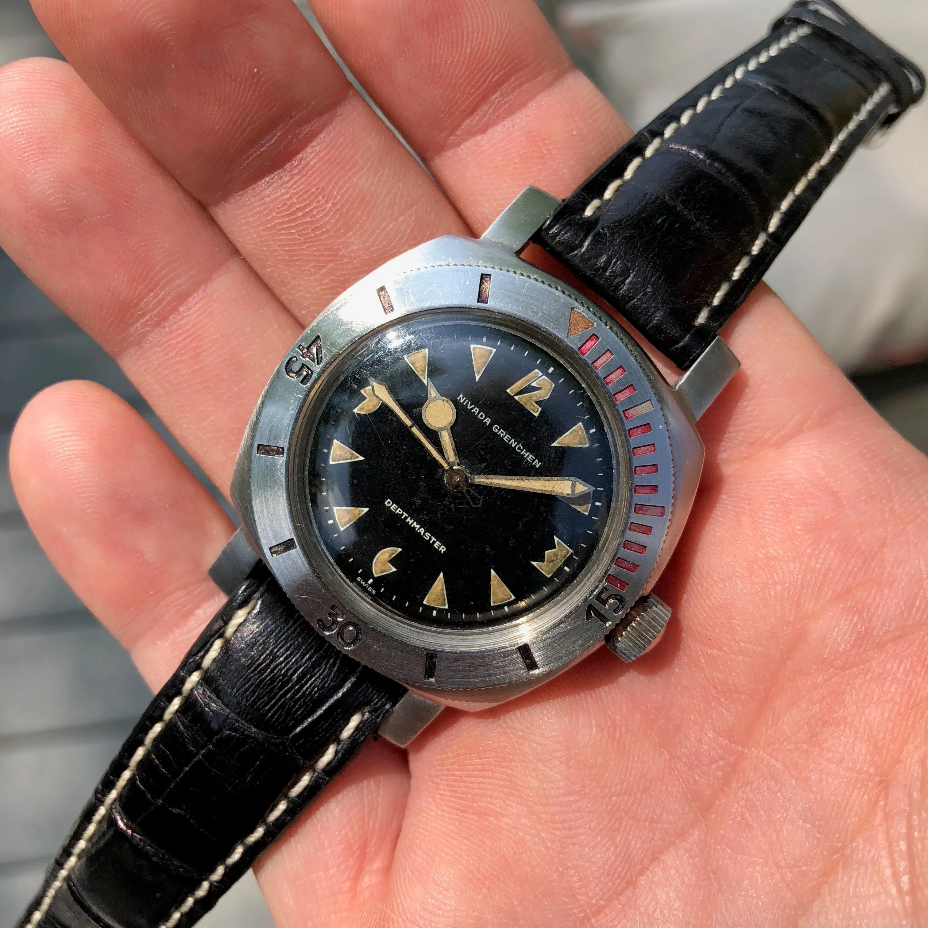 Vintage Nivada Grenchen PacMan Depthmaster 35232 Automatic 3000M Wristwatch