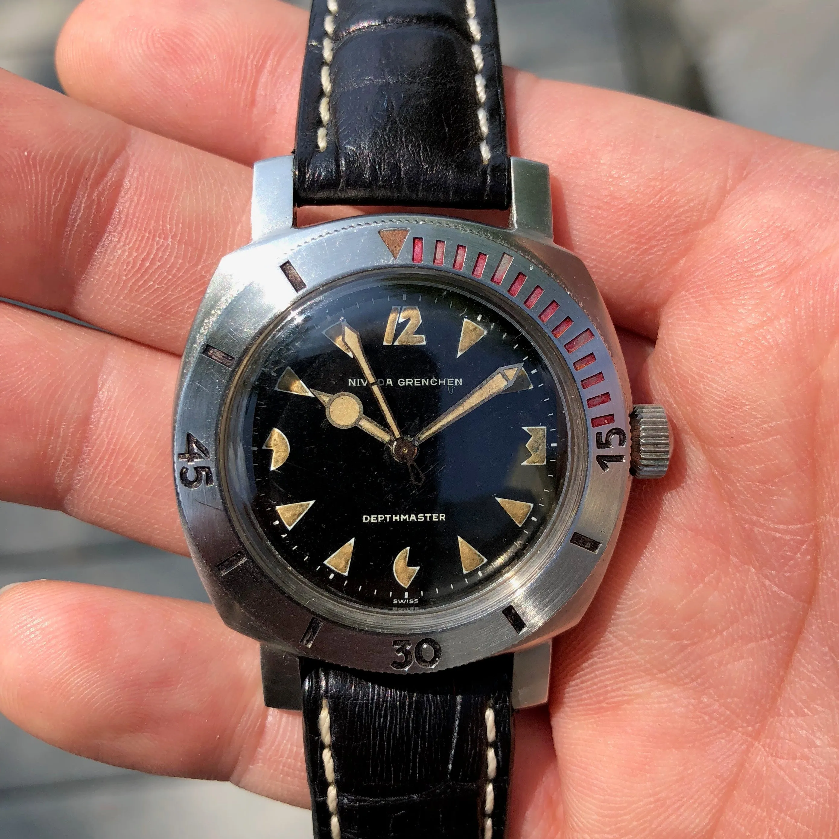 Vintage Nivada Grenchen PacMan Depthmaster 35232 Automatic 3000M Wristwatch